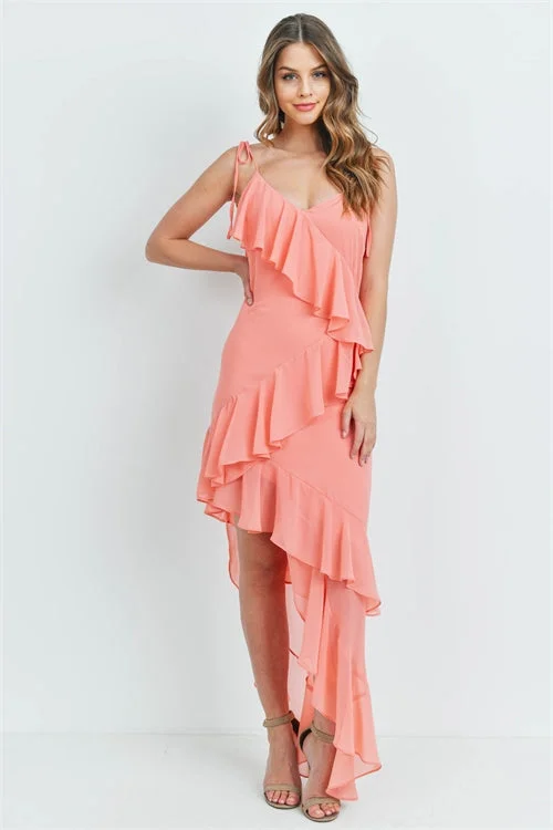 Women's Plus-Size Garments Boho - Chic Festival - Ready Style Coral Pink Asymmetrical Hem Maxi Dress