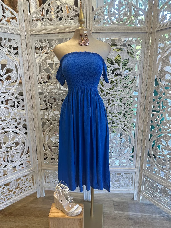 Women's Professional Garments Travel Essentials Royal Blue Smocked Midi Dress