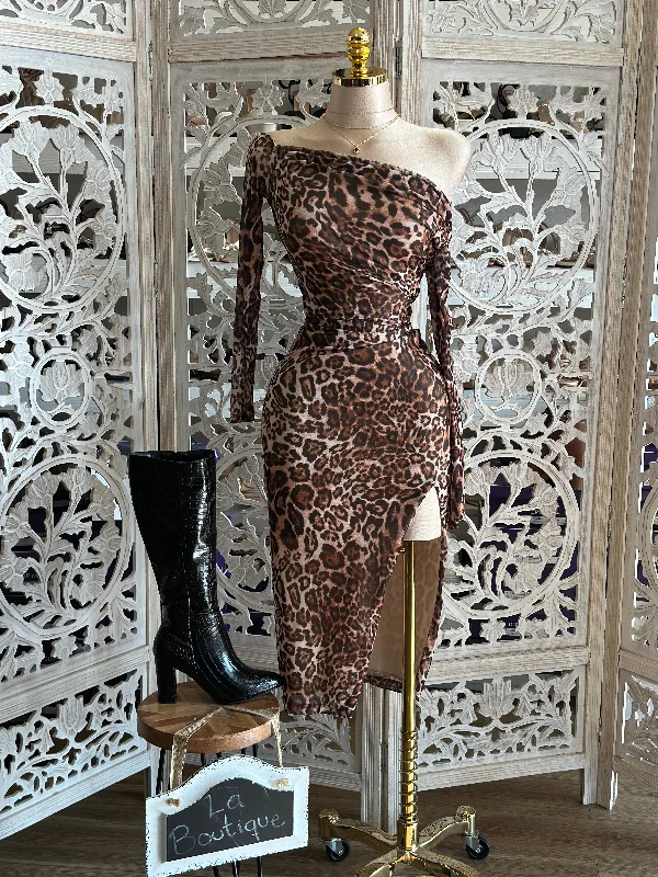 Comfortable Women's Attire Budget Friendly Cheetah Draped Sleeve Midi Dress- Stretchy,Estira