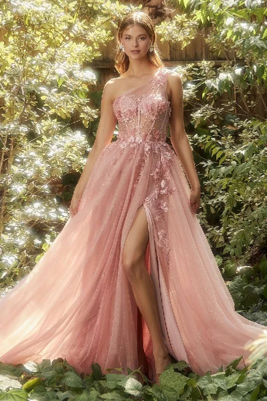 Fashionable Dresses for Women One Shoulder Lace applique Sheer Sequin Embellished Bodice Tulle Long Prom & Ball Dress CDA1140