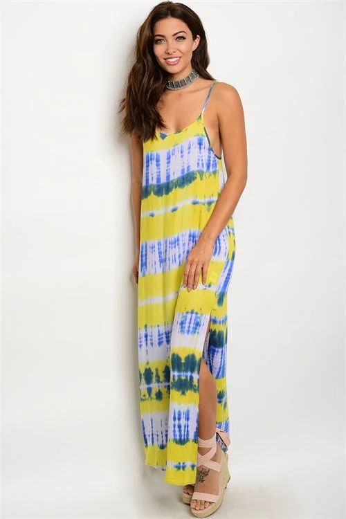 Classic Women's Apparel Great Prices On Feminine Styles Misses Yellow and Green Tie Dye Maxi Dress with Side Slits Classic Women's Apparel Great Prices On Feminine Styles Misses Yellow and Green Tie Dye Maxi Dress with Side Slits