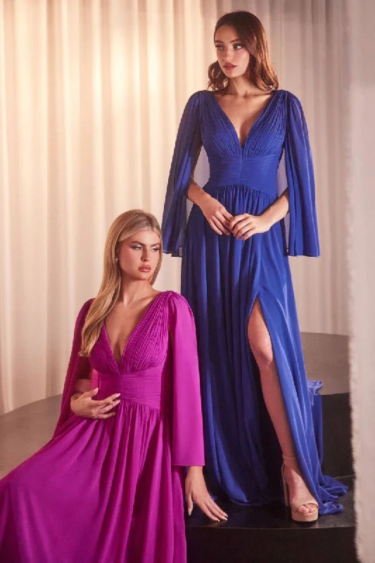 Graceful Cut Chiffon A-Line Caplet Side Slit V-Neck Long Mother Of The Bride Dress CDCH028