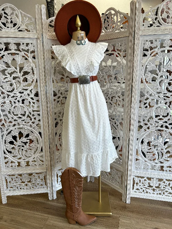 Women's Office Attire Designer Wear On Sale Eyelet Ruffle Midi Dress-  Not Stretchy