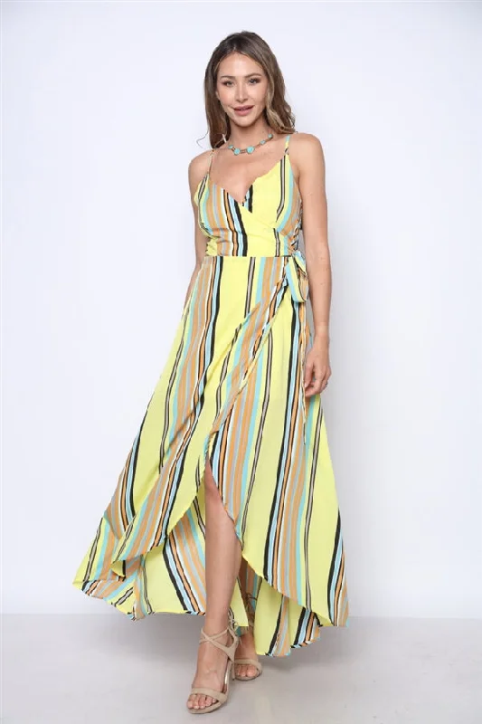 Women's Transitional Garments Romantic Date - Night Ensemble Yellow Stripe Wrap Maxi Dress