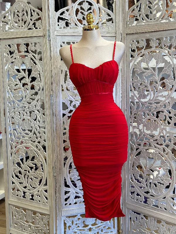Women's Trendy Clothes Chic Style, Always In Vogue Red Cami Midi Dress- Stretchy, Estira Women's Trendy Clothes Chic Style, Always In Vogue Red Cami Midi Dress- Stretchy, Estira