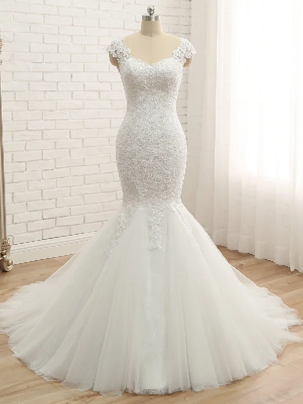 High-Fashion Women's Clothing Celebrate With Big Savings Trumpet/Mermaid V-Neck Sleeveless Applique Tulle Floor-Length Wedding Dresses