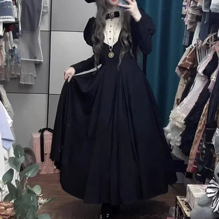Your Chance To Save Big This Weekend New Gothic Punk Dark Lolita Vintage Black Long Bubble Sleeve Waist Cinched Autumn Winter Dress