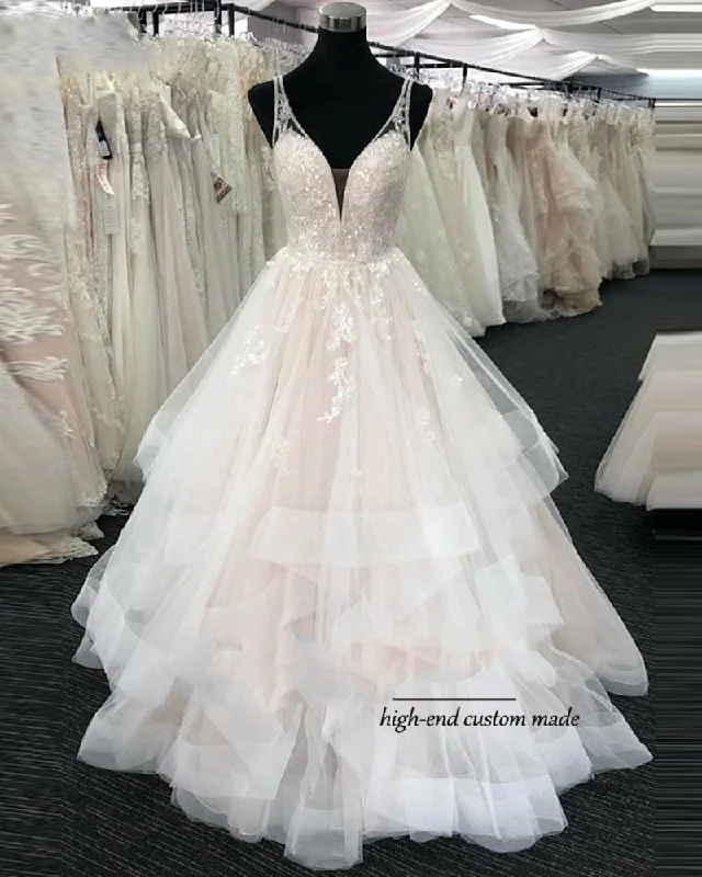Women's Casual Attire Limited Time Special Offer New Style Gorgeouse V Neck Ivory/Blush Women Ball Gown Wedding Bridal Dresses with lace WD0917
