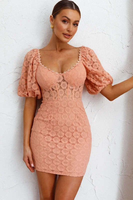 Casual Chic Women's Clothes Hollywood Glam Award - Show Style Secret Crush Puff Sleeve Floral Lace Bodycon Dress Peach