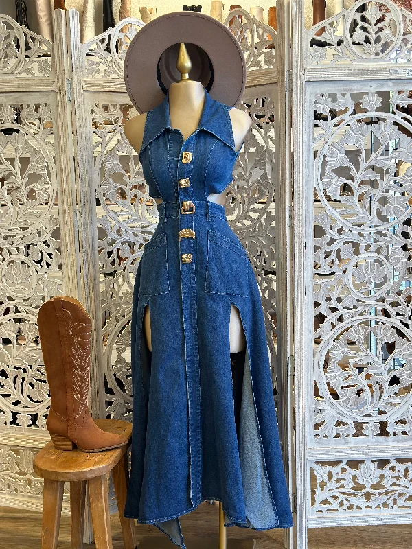 Women's Timeless Attire Dreamy Aesthetic Denim Cutout Collard Maxi Dress- Slightly Stretchy Women's Timeless Attire Dreamy Aesthetic Denim Cutout Collard Maxi Dress- Slightly Stretchy