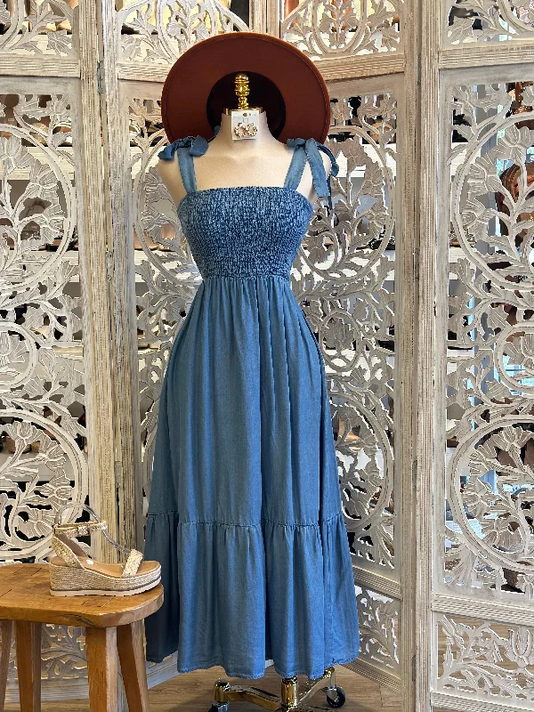 Women's Outerwear Attire Elegant Ensemble Smocked Denim Maxi Dress- Estira, Stretchy Women's Outerwear Attire Elegant Ensemble Smocked Denim Maxi Dress- Estira, Stretchy