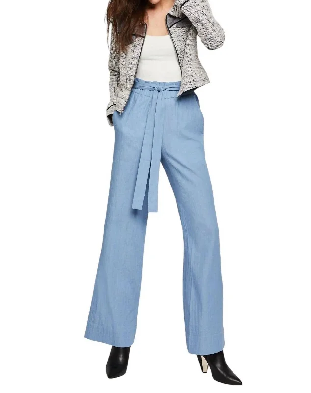 Women's Chic Outfit Seasonal Trends Woven Textured Paper Bag Denim Trousers In Blue