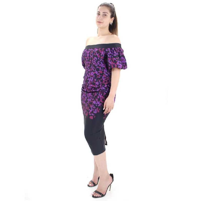 Fashionable Women's Casual Apparel Bold Silhouette Women's Off Shoulder Printed Midi Dress,Black