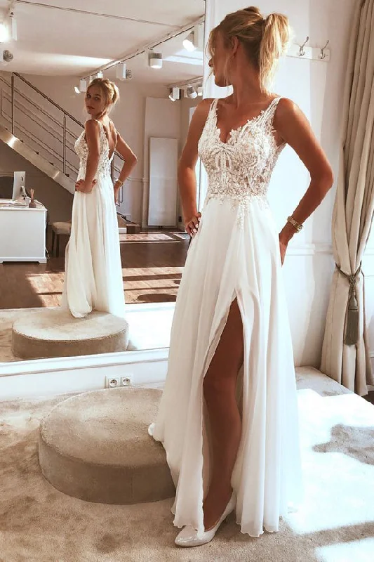 Affordable Women's Clothes Seasonal Trend Roycebridal Charming Spaghetti straps Appliques Lace Wedding Dress,Split Chiffon Beach Wedding Dress,MW359