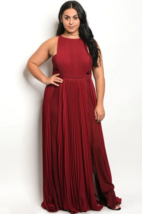 Women's Clothing For Everyday Wear Flash Sale Now Burgundy Plus Size Pleated Gown with Boat Neckline