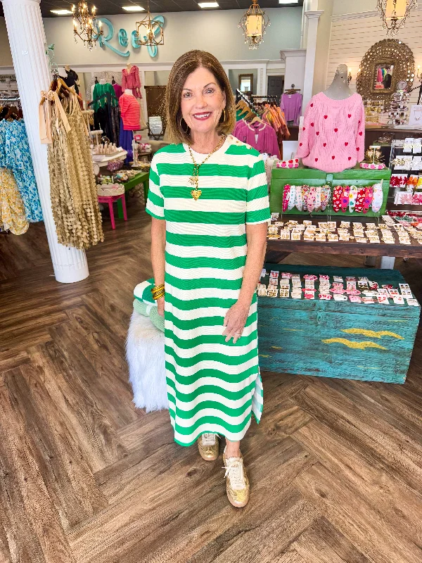Chic Clothes For Women Trendy Women's Collection Button Green Striped Midi Dress