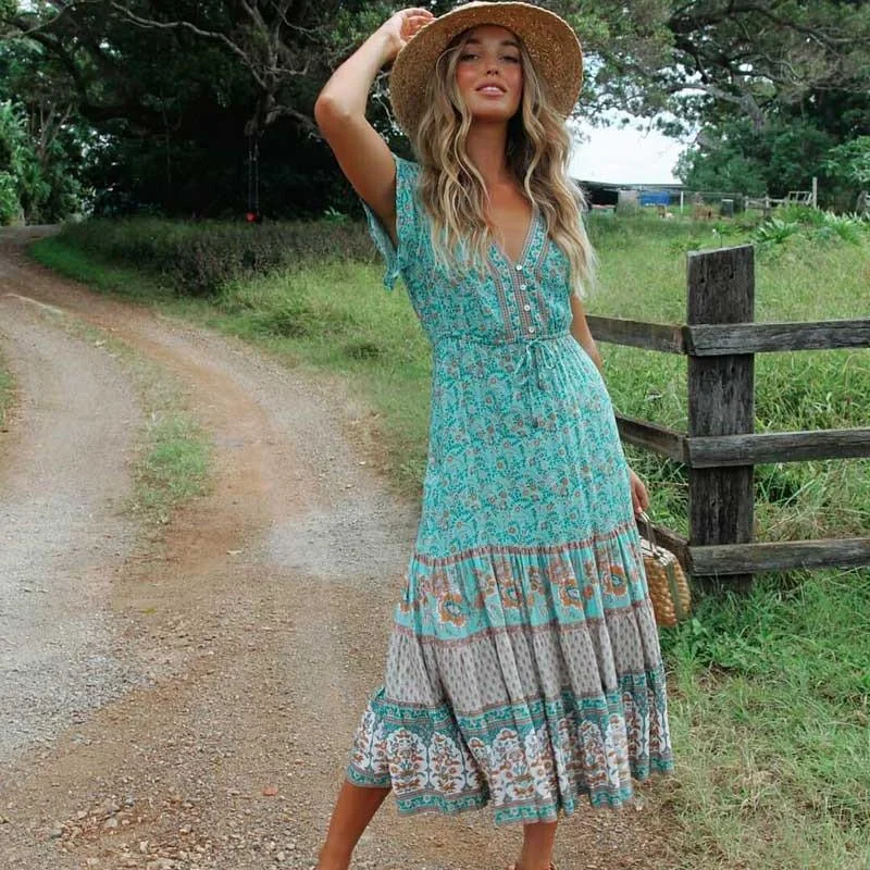 Women's Holiday Attire Bold Prints Casual Chic JuliaFashion-Blossom Gypsy Boho Maxi Dress Women's Holiday Attire Bold Prints Casual Chic JuliaFashion-Blossom Gypsy Boho Maxi Dress