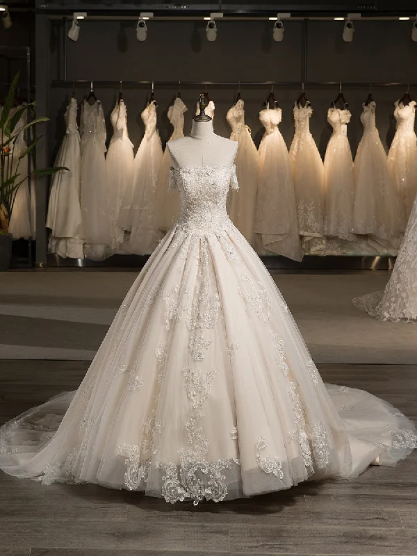 Affordable Women's Outfit Limited Time Offer Off-the-Shoulder Short Sleeves Tulle Applique With Beading Court Train Ball Gown Wedding Dresses