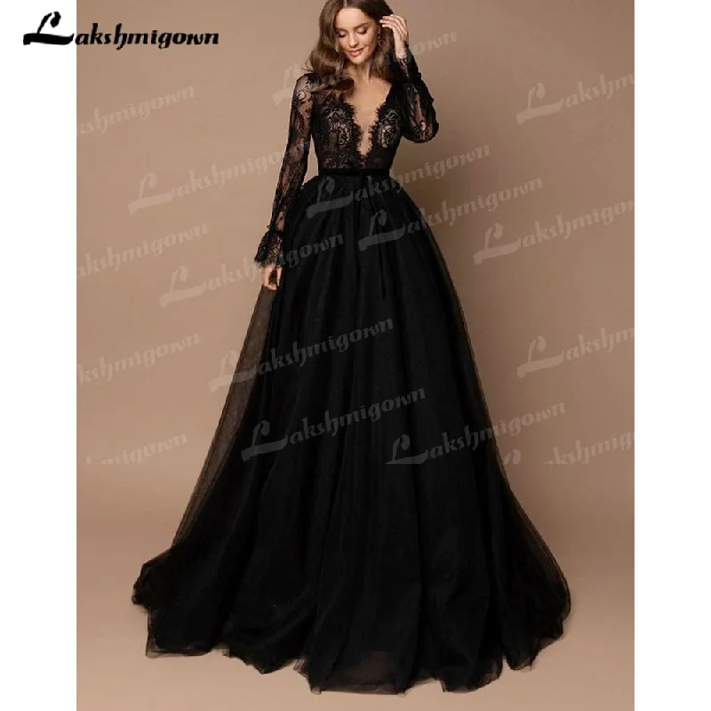 Women's Casual Wear Clothing Last Chance Sale Roycebridal Sexy Deep V neck Sweep Train Tulle Lace Black Wedding Dress Long Sleeve With Appliques Vestidos De Novia Gothic Bride Design