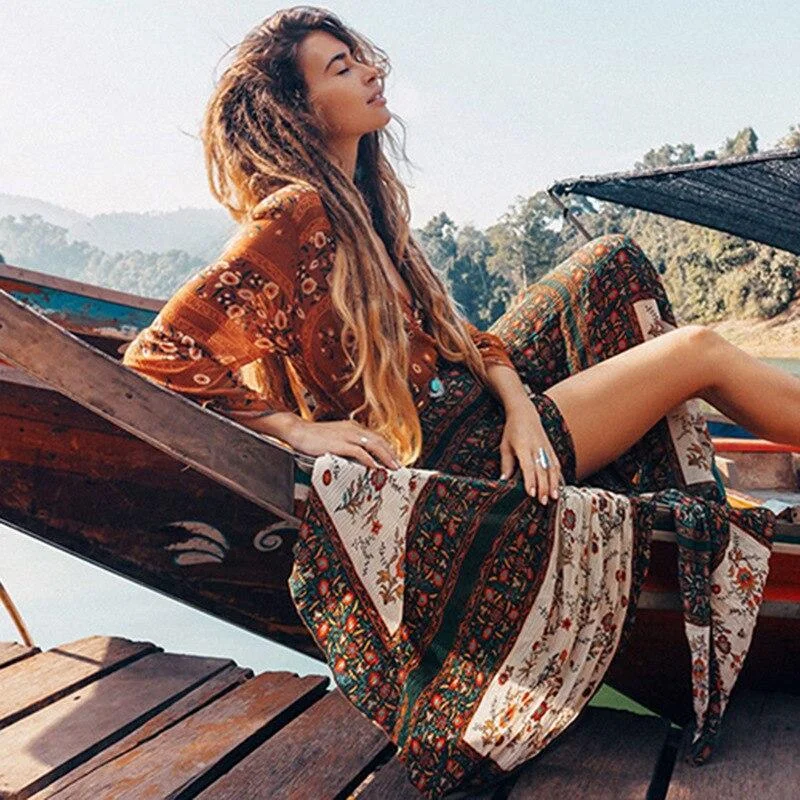 Women's Charming Outfit For Events Stylish Women's Apparel JuliaFashion-Gypsy Style Boho Deep Split Maxi Dress