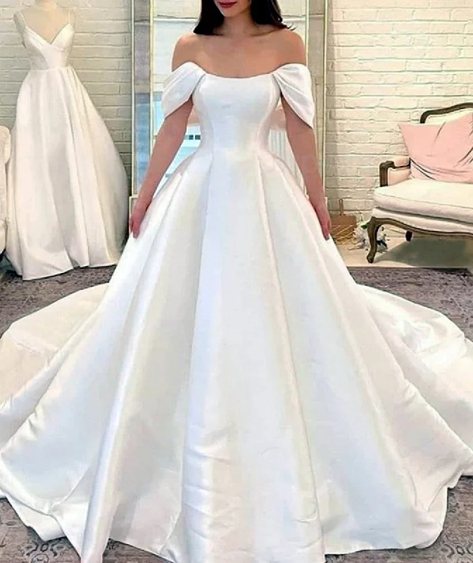 Women's Contemporary Clothing End Of Season Sale Women A-Line Satin Wedding Dresses Off the Shoulder Bridal Gowns YWD228