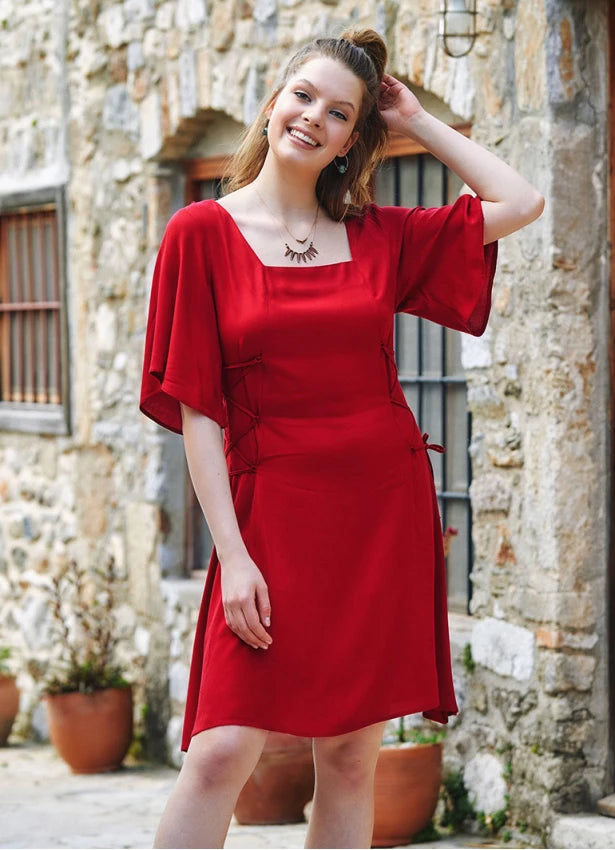Stylish Clothes For Women Trendy Attire For Her Square Neck Bohostyle Midi Dress - Red Stylish Clothes For Women Trendy Attire For Her Square Neck Bohostyle Midi Dress - Red
