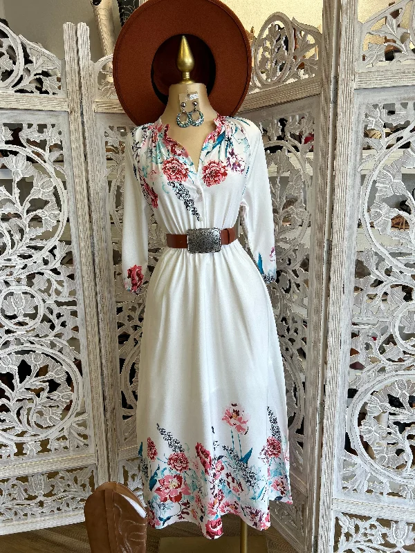 Women's Travel Attire Limited Time Flash Sale White Flower Border Midi Dress- Not Stretchy