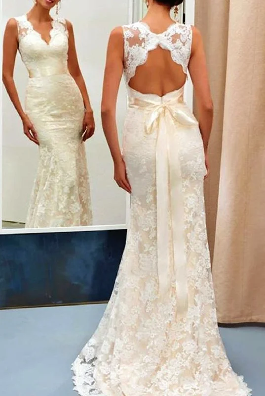 Women's Versatile Apparel Trendy Women's Collection Women Mermaid Appliques Wedding Dresses Long V-Neck Lace Bridal Gowns YWD188