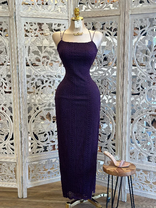 Women's Vacation Attire Graceful Cut Dark Purple Backless Lace Maxi Dress- Estira, Stretchy Women's Vacation Attire Graceful Cut Dark Purple Backless Lace Maxi Dress- Estira, Stretchy