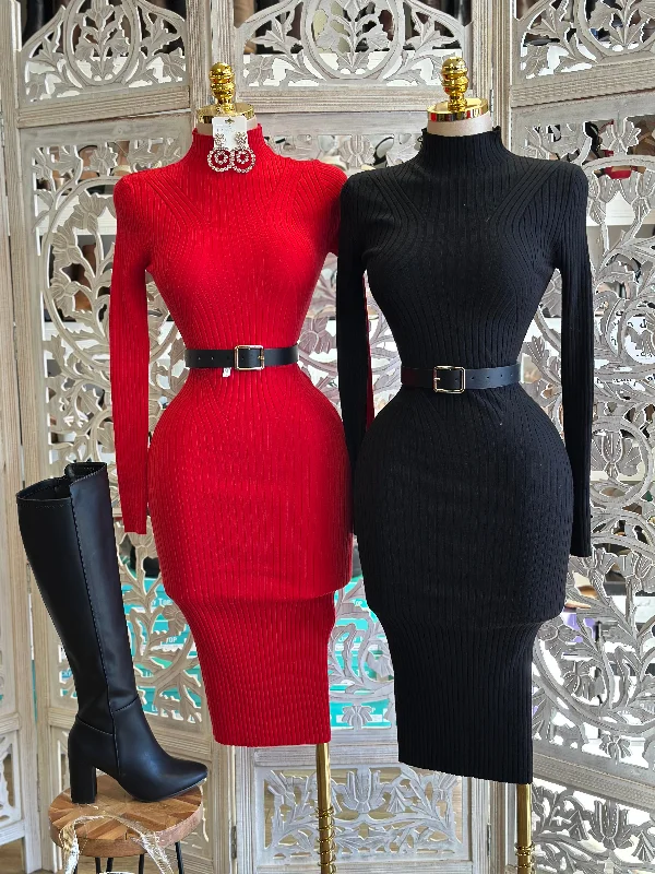 Women's Formal Event Attire Trendy Fashion Sale Sweater Asymmetrical Ribbed Midi Dress- Stretchy,Estira