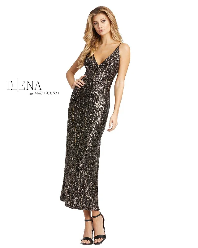 Women's High-Fashion Outfit Popular Collection Mac Duggal 26447 Sequined Metallic V-Neck Midi Dress