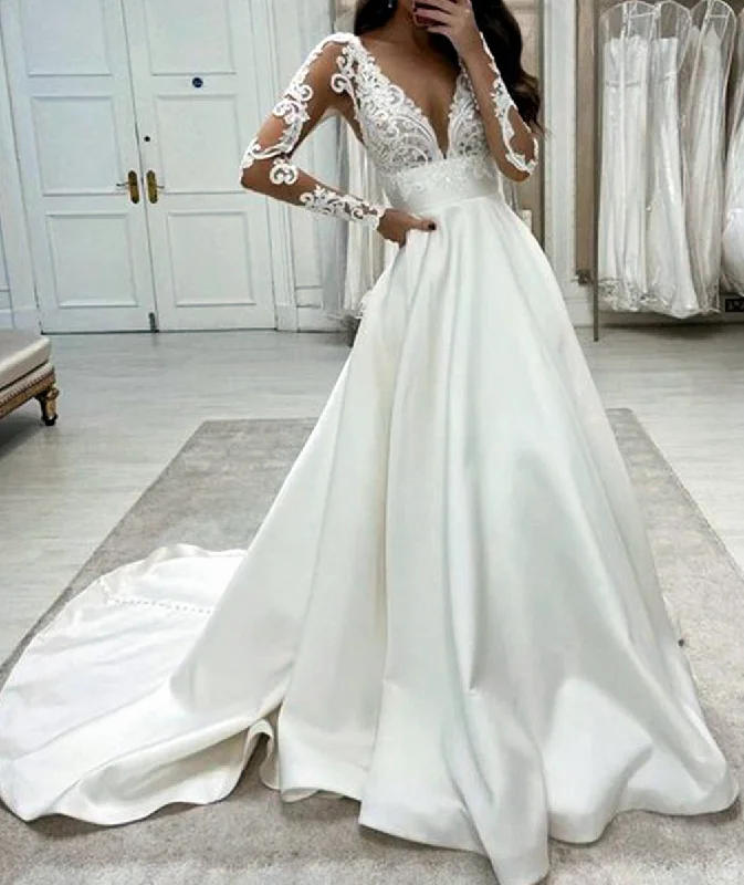 Women's Chic Outfit Wardrobe Upgrade Women A-Line Appliques Wedding Dresses Long Sleeves V-Neck Bridal Gowns YWD221
