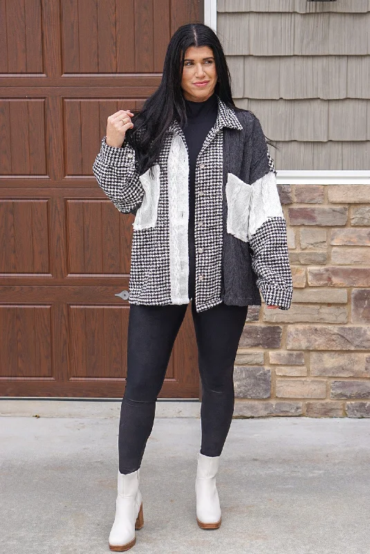 Women's Effortless Casual Outfit Trendy New Clothes Black Houndstooth Colorblock Sweater Shacket Women's Effortless Casual Outfit Trendy New Clothes Black Houndstooth Colorblock Sweater Shacket