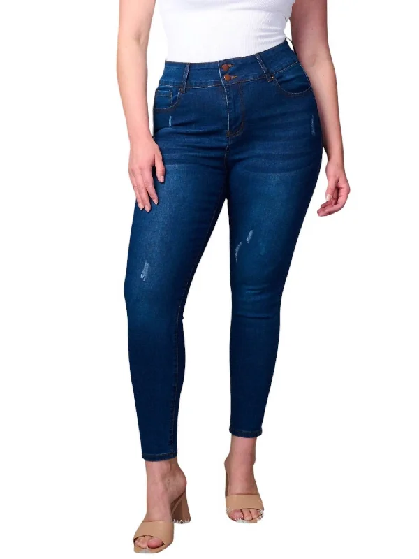 Women's Activewear Attire Father's Day Deals Plus Size Button Closure Distressed Skinny Jeans In Blue Women's Activewear Attire Father's Day Deals Plus Size Button Closure Distressed Skinny Jeans In Blue