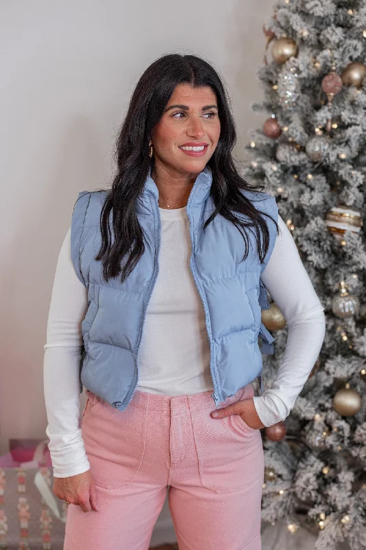Women's Clothing For Casual Outings Exclusive Deals Online Trendsetter Blue Bow Puffer Vest Women's Clothing For Casual Outings Exclusive Deals Online Trendsetter Blue Bow Puffer Vest
