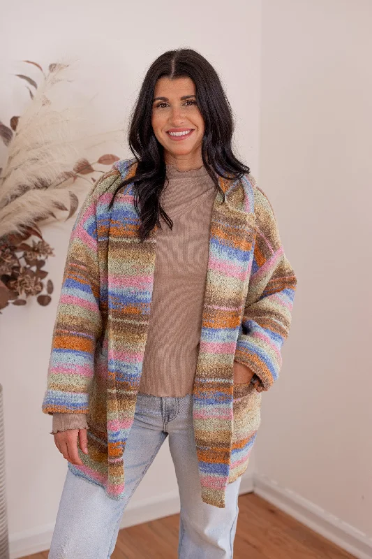 Women's Resort Garments Contemporary Elegance Colorful Perfection Blue Striped Cardigan