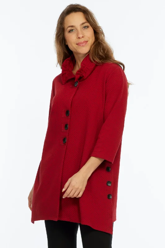 Elegant Clothing For Women Budget Friendly LIOR Women's Red Ruffle Neck Long Button Up Jacket - "Kayla" Elegant Clothing For Women Budget Friendly LIOR Women's Red Ruffle Neck Long Button Up Jacket - "Kayla"