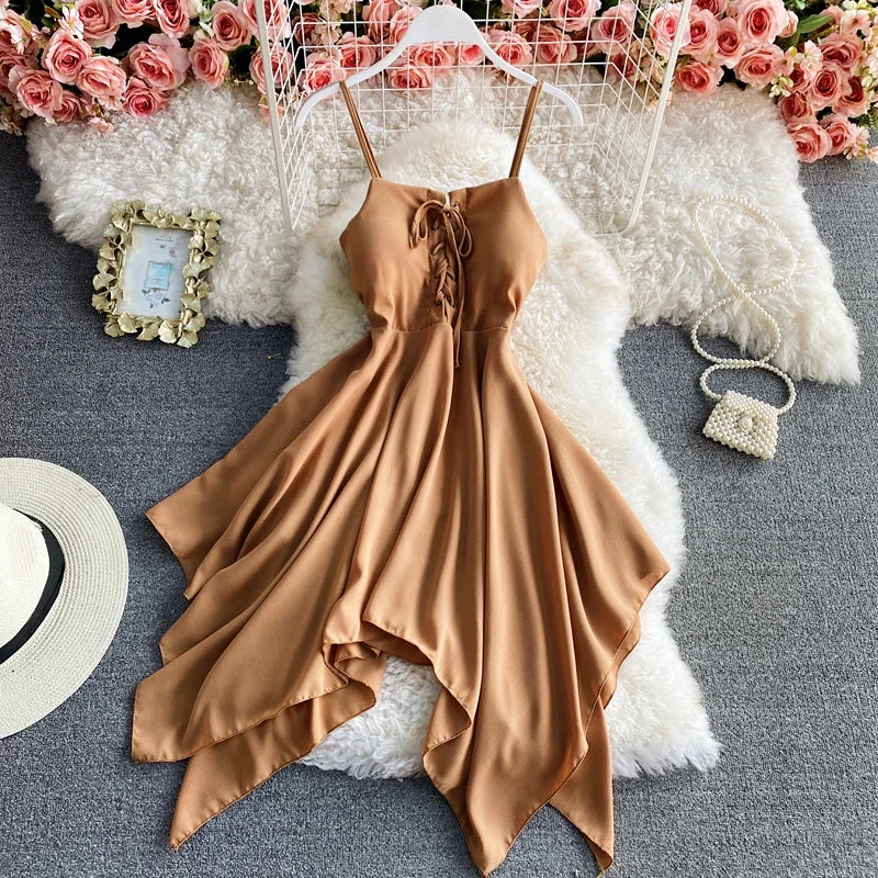 Women's Vacation Garments Fashion Forward Style Solid lace up slim sleeveless irregular large hem strapless dress  2721