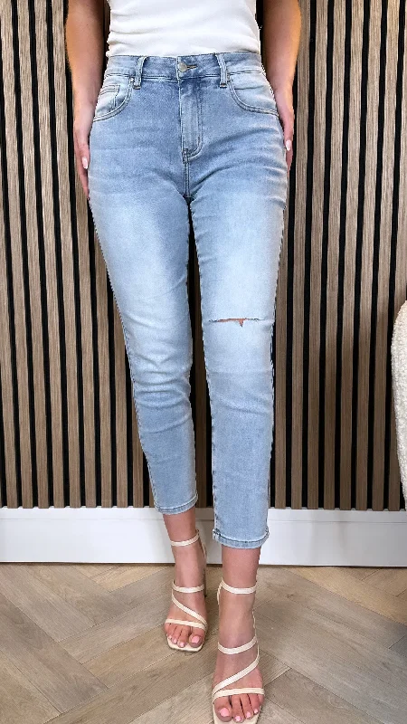 Sustainable Women's Apparel Hot Picks Keke Light Blue Ripped Knee Boyfriend Jeans