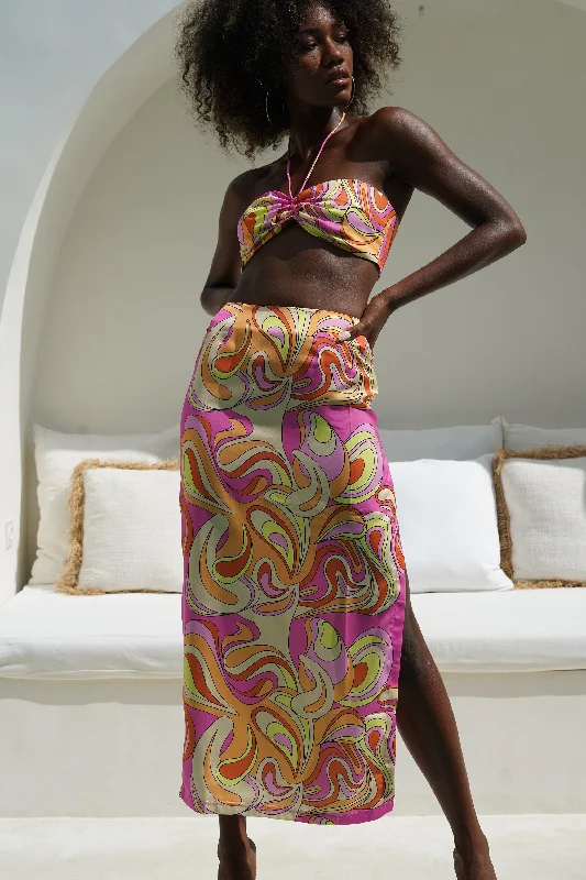 Women's Evening Attire Casual Fashion Frankie Two Tone Satin Maxi Skirt - Psychedelic Print Women's Evening Attire Casual Fashion Frankie Two Tone Satin Maxi Skirt - Psychedelic Print
