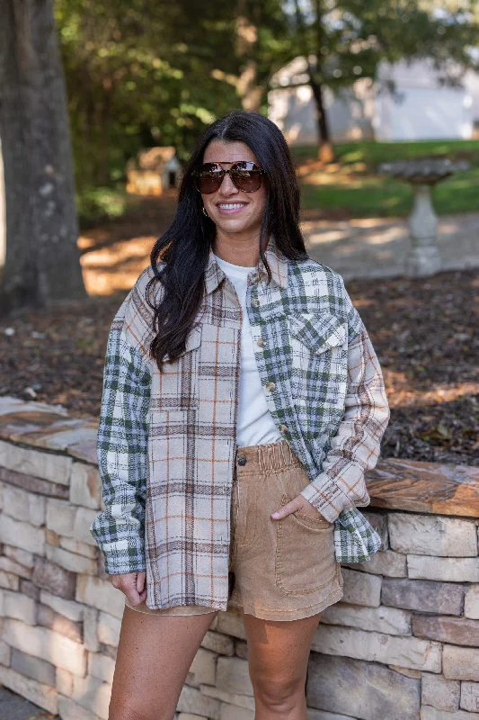 Women's Professional Outfit Daily Deals Colorblocked Plaid Olive Flannel Top