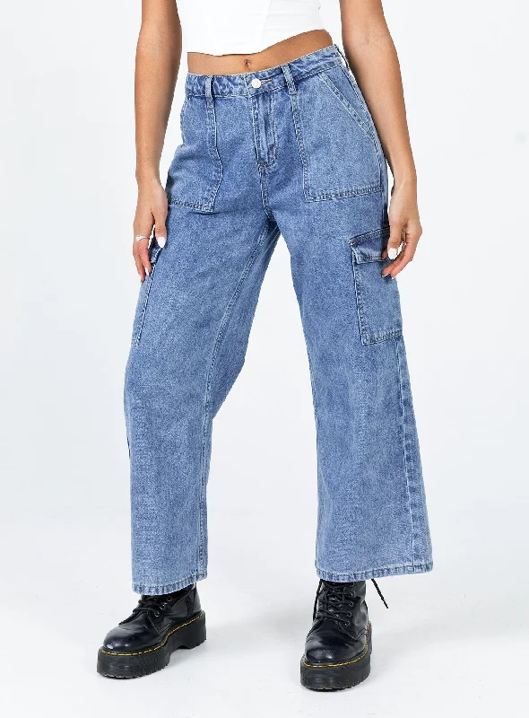 Women's Resort Garments Latest Fashion Blessing Mid Wash Cargo Jean Denim