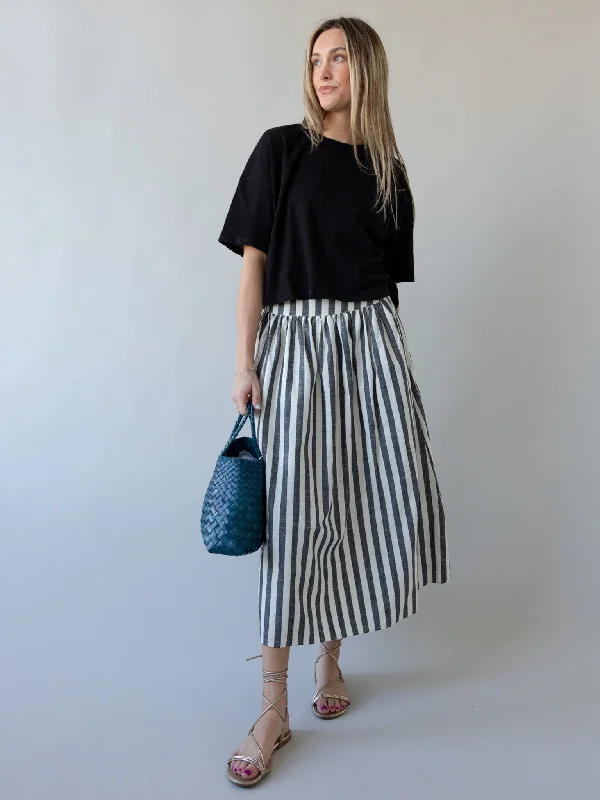 Women's Comfy Attire For Lounging Trend Forward Threads Grey Striped Midi Skirt