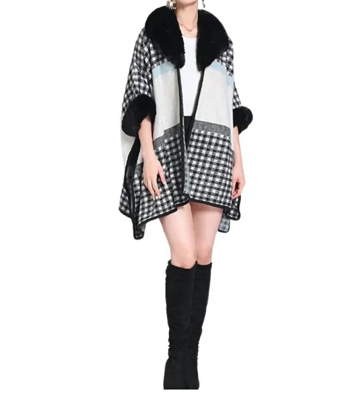 Women's Casual Wear Clothing The Latest Trends Plaid Faux Fur Trim Poncho In Black/white Women's Casual Wear Clothing The Latest Trends Plaid Faux Fur Trim Poncho In Black/white
