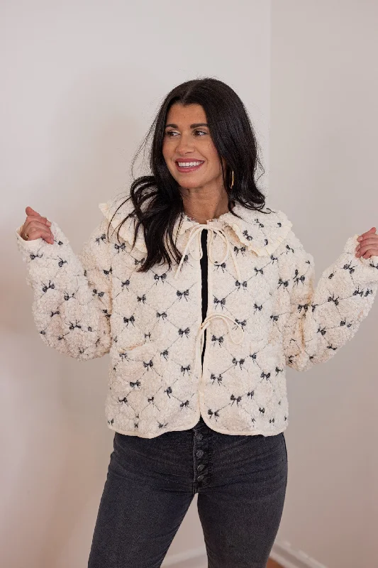 Vintage-Inspired Women's Clothes Trend Alert Quilted Bows Cream Sherpa Jacket
