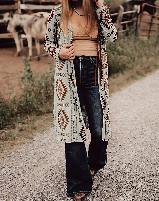 Affordable Women's Clothing Vibrant Femme Fashion Aztec Long Cardigan In Brown