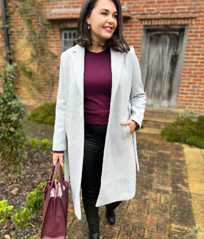 Elegant Women's Evening Garments Classic Timeless Elegant Style Grey Wool Blend Belted Coat Elegant Women's Evening Garments Classic Timeless Elegant Style Grey Wool Blend Belted Coat