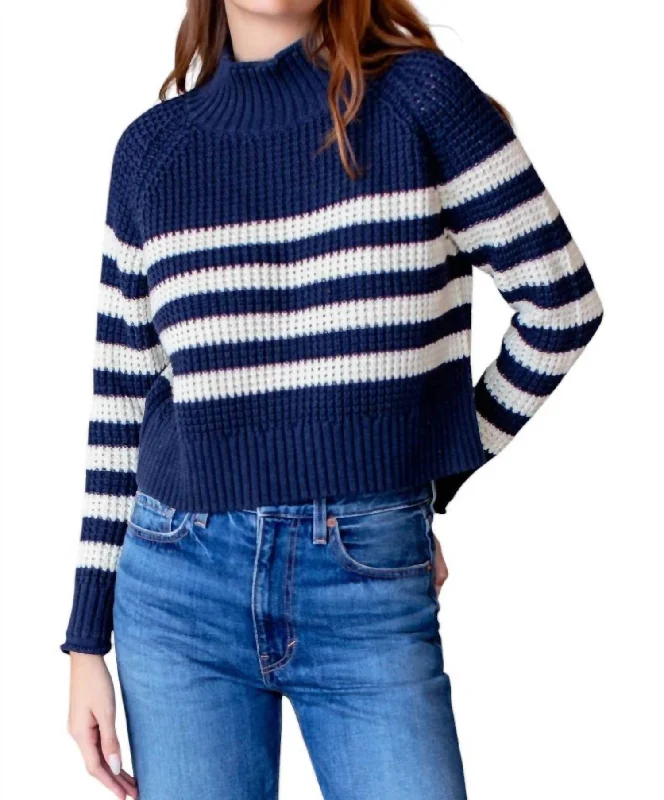 Sustainable Women's Clothes Trendy Women's Wear Boxy Funnel Neck Sweater In Navy/ivory Stripe