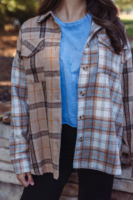 Casual Outfit For Women Limited Time Offers Colorblocked Plaid Taupe Flannel Top