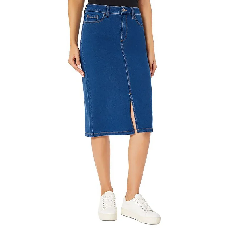 Stylish Women's Apparel Disco - Inspired Retro Dance Look Petites Womens Medium Wash Slit Pencil Skirt Stylish Women's Apparel Disco - Inspired Retro Dance Look Petites Womens Medium Wash Slit Pencil Skirt